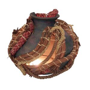 Raku Pottery Luminary Lamp With Pine Needle Natural Accents Signed